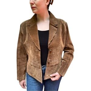 VINTAGE SUEDE LEATHER BROWN TWO BUTTON SCALLOP BLAZER JACKET COLDWATER CREEK